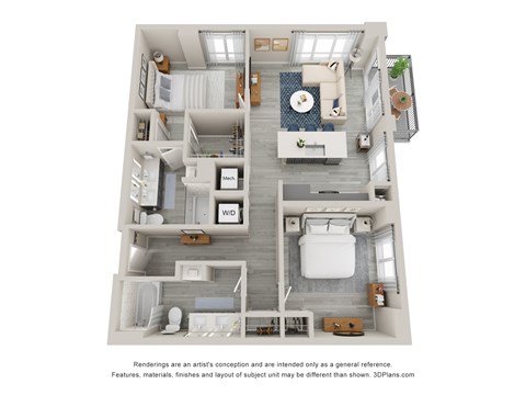 Floor plan for 2 beds, 2 baths, 1088 sqft